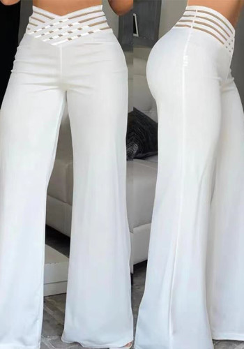Women Hollow Belt Casual Wide Leg Pants