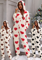 Christmas Women Fall and Winter Heart Print Printed Hooded Jumpsuit
