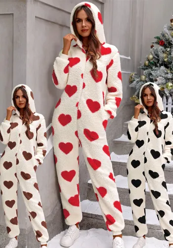 Christmas Women Fall and Winter Heart Print Printed Hooded Jumpsuit