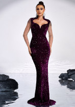Women long sleeve square neck Bodycon Formal Party Sequined Beaded fishtail evening dress