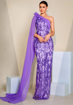 Women long sleeve Slash Shoulder ribbon Formal Party Bodycon sequined evening dress
