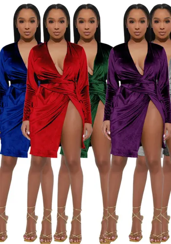 Women autumn and winter tie V-neck long-sleeved velvet sexy Bodycon Dress