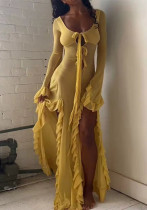 Women Sexy See-Through Long Sleeve Ruffle Slit Dress