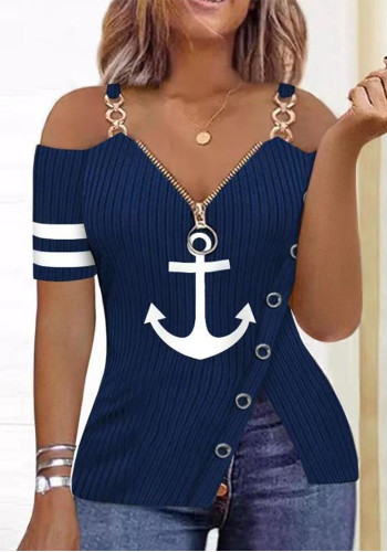 Women Summer Anchor Print Suspender Zipper V-neck T-shirt