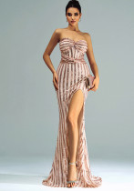 Women strapless Formal Party Sequin Slit Evening Dress