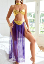 sexy lingerie gold bra slit mesh skirt night club set
