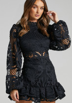 Stand Collar lace lantern long sleeve Slim Waist a-line ruffle dress
