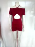 Women Off Shoulder Halter Neck Drawstring Pleated Bodycon Dress