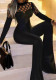 Women Patchwork Sexy Diamond Net Bell Bottom Jumpsuit