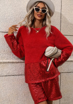 Christmas Women sequined patchwork Long-sleeved Top and Shorts Two-piece Set