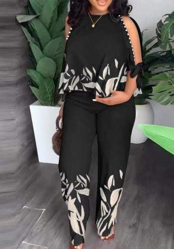 Plus Size Women Round Neck Half Sleeve Beaded Print Top and Pants Two-piece Set