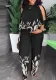 Plus Size Women Round Neck Half Sleeve Beaded Print Top and Pants Two-piece Set
