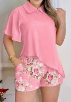 Women Solid Turndown Collar irregular Top printed shorts two-piece set