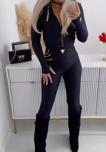 Women Solid Zipper Long Sleeve Top and Pant Two-piece Set