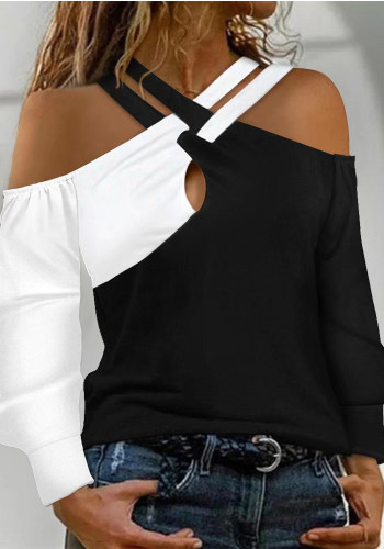 Women Casual color-blocked off-shoulder Halter Neck long-sleeved Top