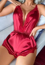 sexy lingerie sexy strap Deep V-neck lace satin sleep romper
