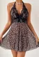 Women Lace Patchwork Leopard Mesh Bow Tie Nightdress Thong Sexy Lingerie