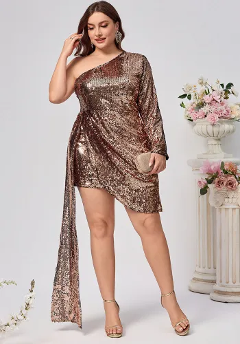 Plus Size Women Sequin Single Sleeve Trailing Dress