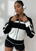 Women autumn and winter sports Casual black and white striped long sleeve sweater