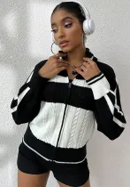 Women autumn and winter sports Casual black and white striped long sleeve sweater