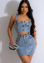 Women sexy silver hot stretchy denim detachable button Top and Skirt 2-piece set