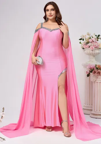 Plus Size Women Suspender Sequin Solid Trailing Evening Dress