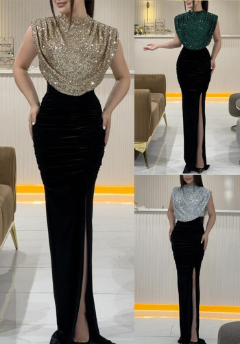 Women sequin patchwork sleeveless slit dress