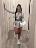 Hood Patchwork Gray Short T-Shirt A-Line Skirt Women's Autumn Two Piece Set
