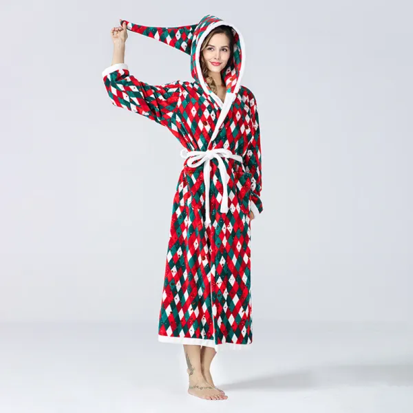 Christmas Women festival plaid bathrobe wizard hat hooded color matching tie flannel robe