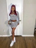 Hood Patchwork Gray Short T-Shirt A-Line Skirt Women's Autumn Two Piece Set