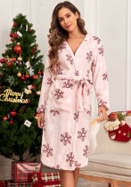 Women snowflake flannel hooded robe bathrobe