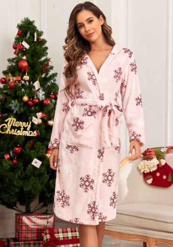 Women snowflake flannel hooded robe bathrobe