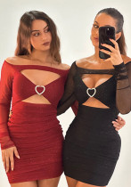 Women's Off Shoulder Mesh Patchwork Hollow Long Sleeve Sexy Bodycon Dress