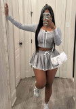 Hood Patchwork Gray Short T-Shirt A-Line Skirt Women's Autumn Two Piece Set