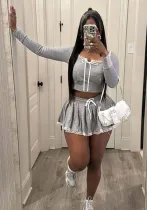 Hood Patchwork Gray Short T-Shirt A-Line Skirt Women's Autumn Two Piece Set