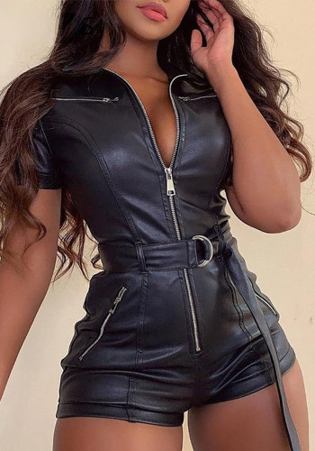 Women sexy zipper short sleeve jumpsuit