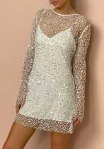 Women Sequin Beaded See-Through Mesh Strap Dress Two Piece Set