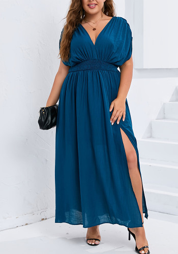 Women Summer Solid V-Neck Bat Sleeves Slit Dress