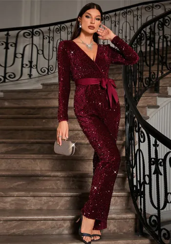 Women Solid Sequin Long Sleeve Waist Jumpsuit