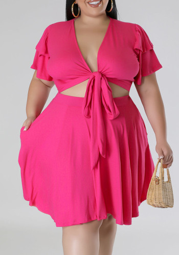 Plus Size Women Ruffle Sleeve Lace Pocket V-Neck Top and Skirt Set