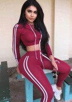 Women Elastic Hooded Drawstring Top and Trousers Casual Two Piece Set