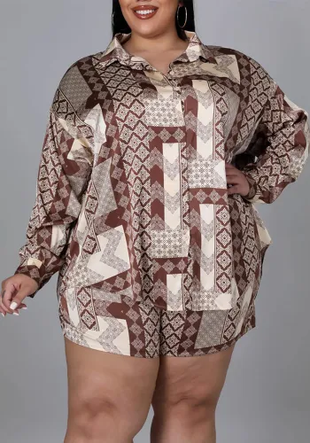 Plus Size Women Vintage Printed Long Sleeve Shirt Shorts Set