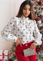 Printed Long Sleeve Bow Tie Shirt Women's Top