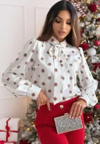 Printed Long Sleeve Bow Tie Shirt Women's Top
