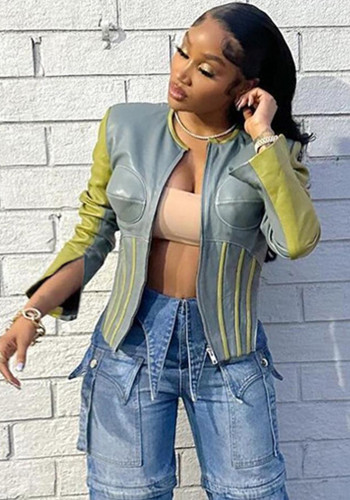 Winter Sexy Contrast Slim Waist Zipper Top Round Neck Jacket