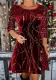 Autumn Winter Solid Color Round Neck Long Sleeve Sequin Patchwork A-Line Dress