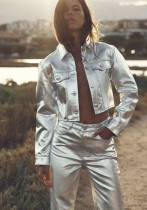 Women's Pu Leather Jacket Coat Fashion Turndown Collar Long Sleeve Top