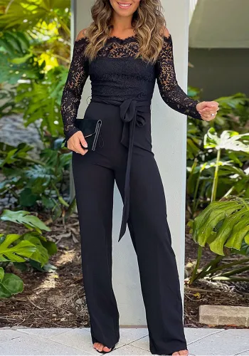 Women's Black Lace Off Shoulder Long Sleeve Tight Fitting Jumpsuit