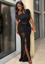 Fashion Women Sexy Halter One Shoulder Strapless Top Slit Skirt Two-Piece Set