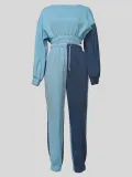 Women's Autumn Winter Casual Round Neck Long Sleeve Top Elastic Waist Drawstring Pants Contrast Color Sports Two Piece Tracksuit